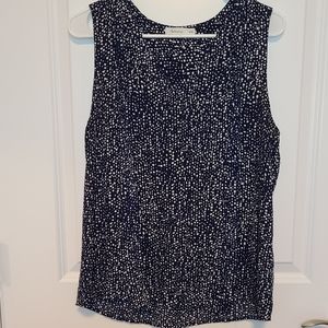 Navy and white patterned sleeveless blouse w tie